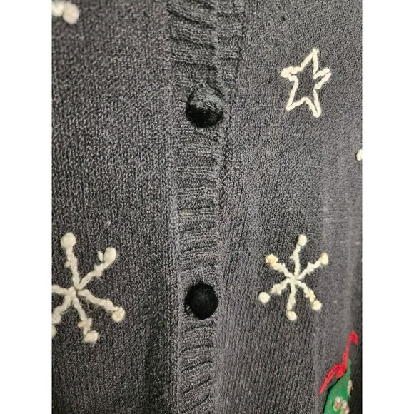 Talbots Ugly Christmas Sweater Cardigan Black Santa Applique Petite Small Ramie - Picture 4 of 8